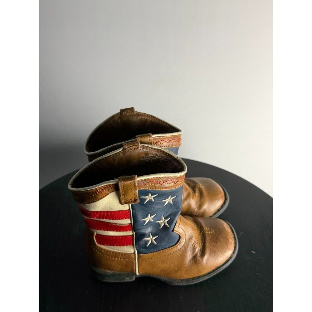 Kids Size 8 American Flag Cowboy Boots Brown Leather Western Stars Stripes